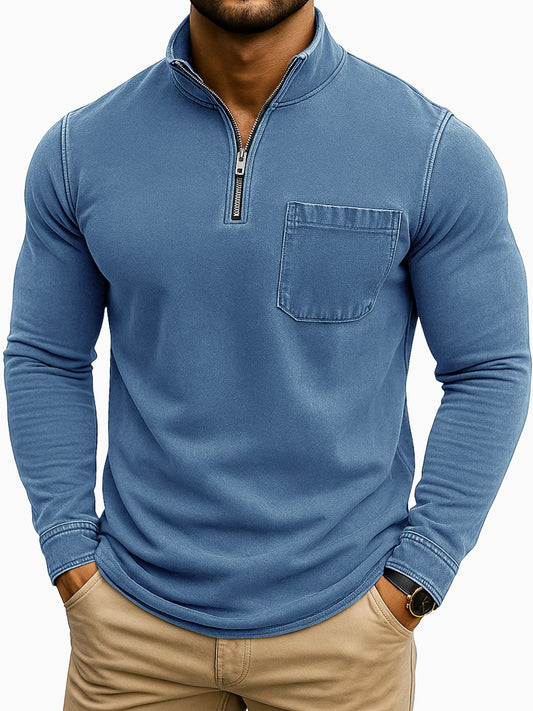 Men's Retro Casual Washed Distressed Quarter Zip Pocket Long Sleeve T-Shirt
