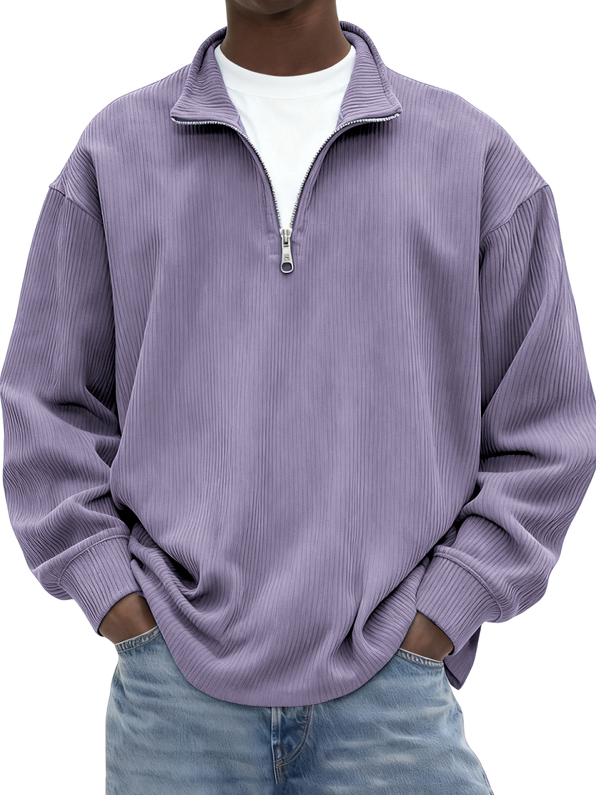 Men's Minimalist Ribbed Quarter Zip Long-sleeved T-shirt