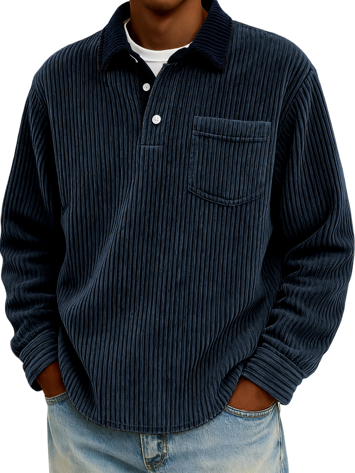 Men's Stylish Corduroy Color-Block Polo Shirt Pullover with Chest Pocket