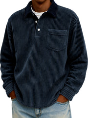 Men's Stylish Corduroy Color-Block Polo Shirt Pullover with Chest Pocket
