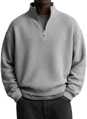 Men's Casual Solid Waffle Fabric Stand Collar Zip Sweatshirt
