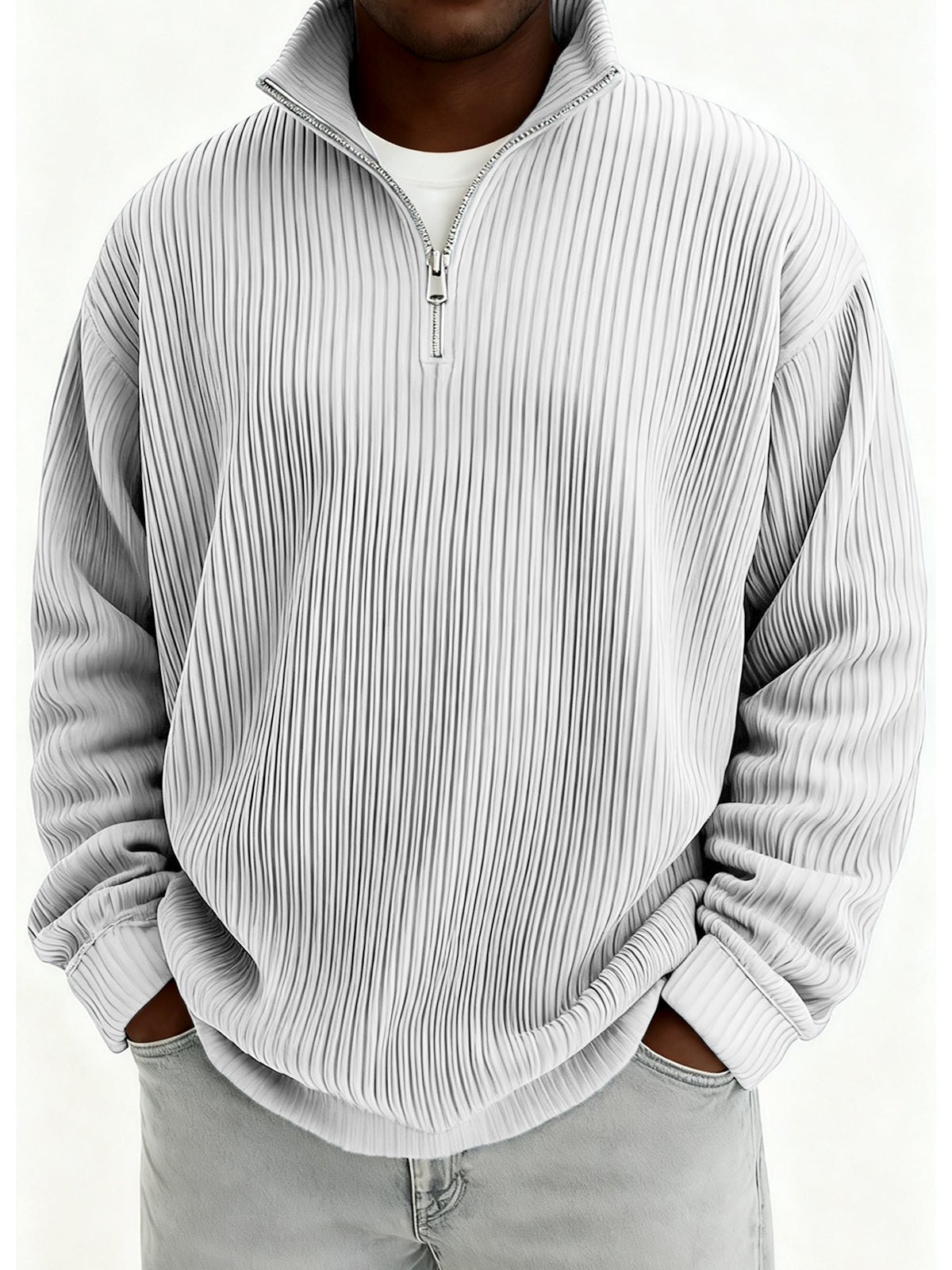 Men's Quarter-Zip Stylish Pleated Ribbed Pullover